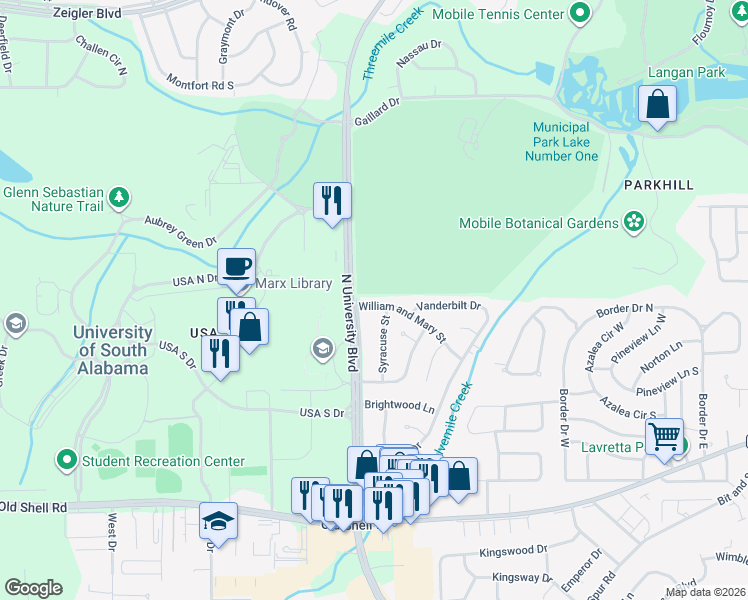 map of restaurants, bars, coffee shops, grocery stores, and more near 5658 William and Mary Street in Mobile