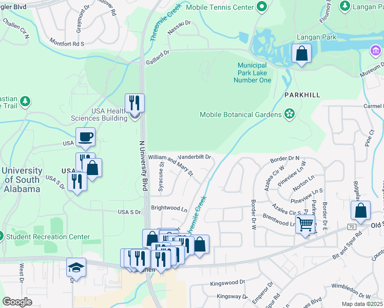 map of restaurants, bars, coffee shops, grocery stores, and more near 5516 Vanderbilt Drive in Mobile