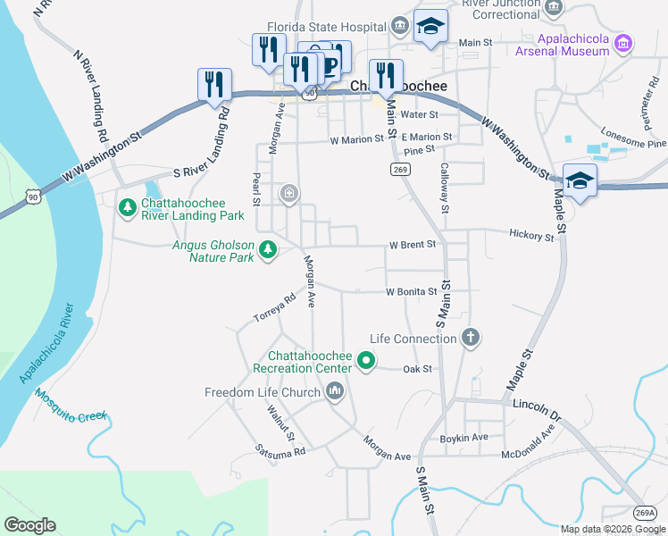map of restaurants, bars, coffee shops, grocery stores, and more near 615 Morgan Avenue in Chattahoochee