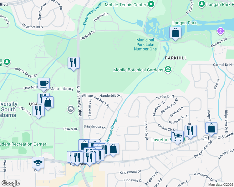 map of restaurants, bars, coffee shops, grocery stores, and more near 5458-5462 Vanderbilt Drive in Mobile