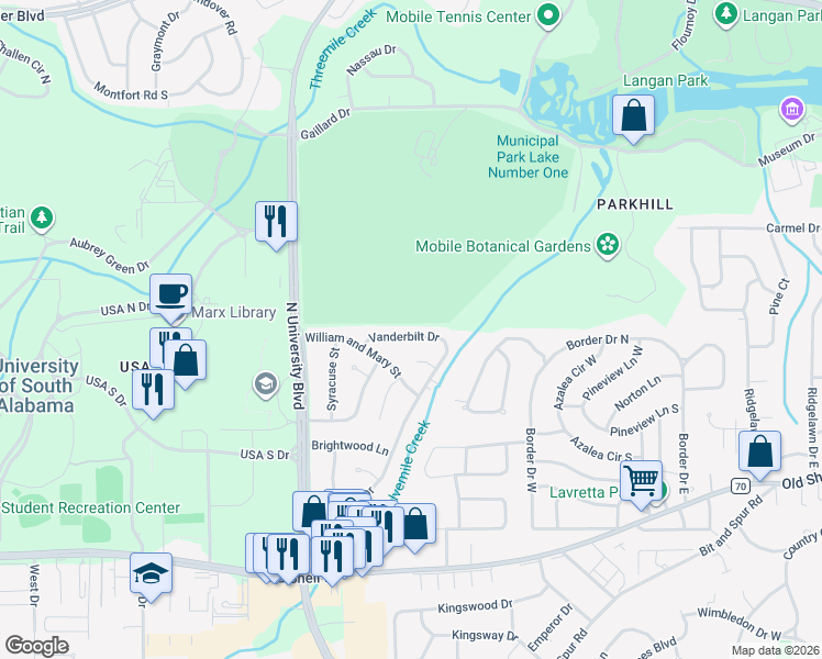 map of restaurants, bars, coffee shops, grocery stores, and more near 5516 Vanderbilt Drive in Mobile