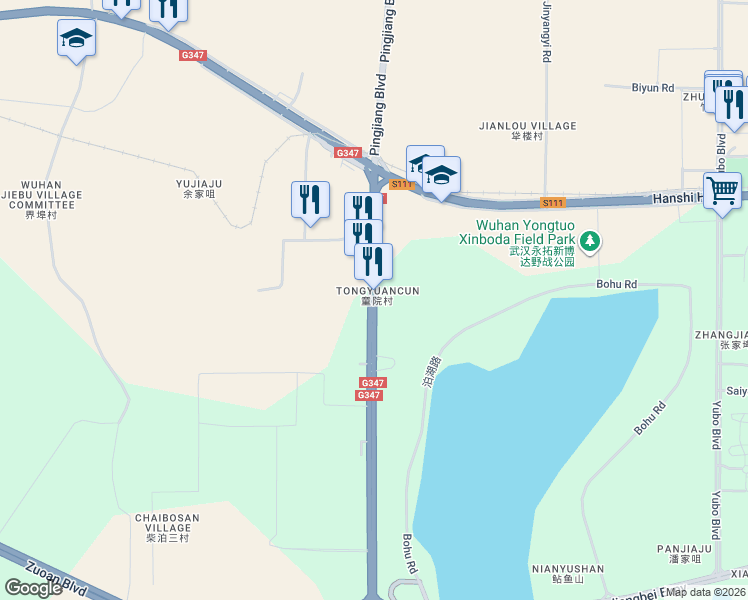 map of restaurants, bars, coffee shops, grocery stores, and more near Ping Jiang Da Dao in Wu Han Shi