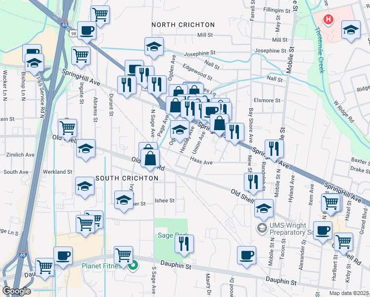 map of restaurants, bars, coffee shops, grocery stores, and more near 155 Union Avenue in Mobile