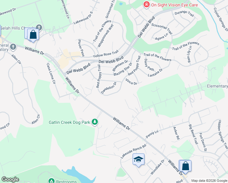 map of restaurants, bars, coffee shops, grocery stores, and more near 247 Red Poppy Trail in Georgetown