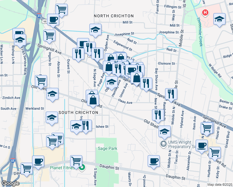 map of restaurants, bars, coffee shops, grocery stores, and more near 155 Union Avenue in Mobile
