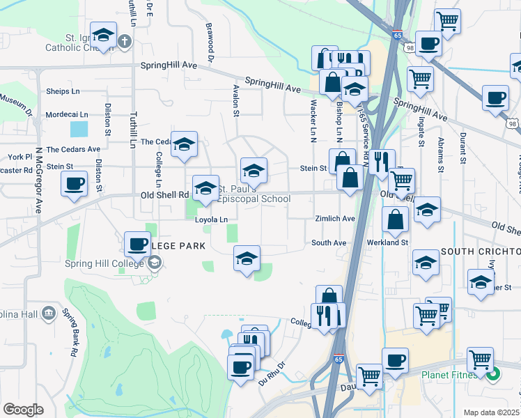 map of restaurants, bars, coffee shops, grocery stores, and more near 212 Nack Lane in Mobile