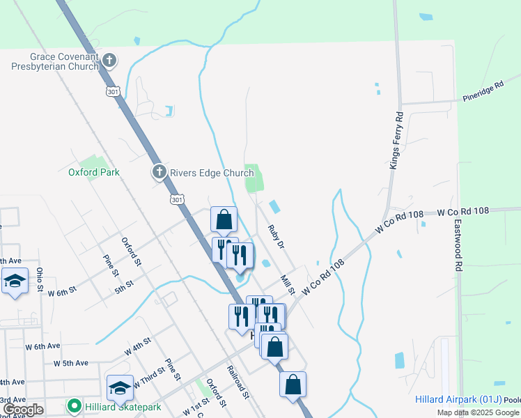 map of restaurants, bars, coffee shops, grocery stores, and more near 490 Ruby Drive in Hilliard