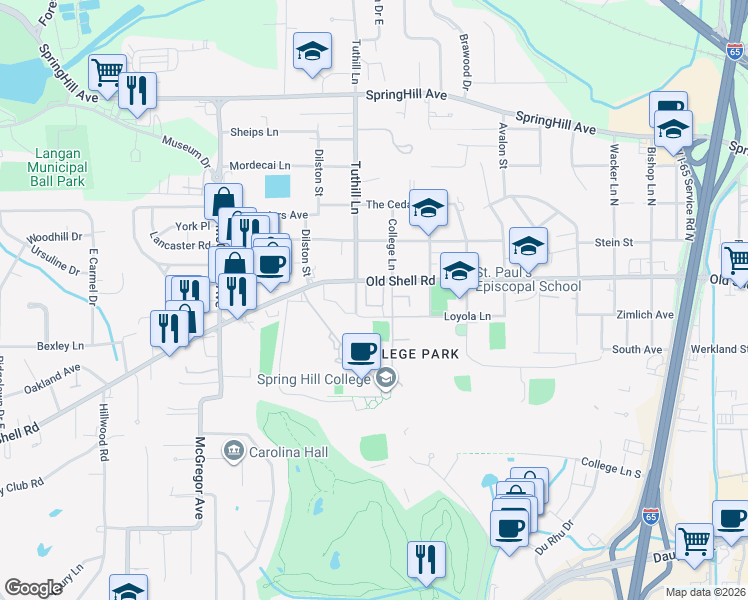 map of restaurants, bars, coffee shops, grocery stores, and more near 4009 Old Shell Road in Mobile