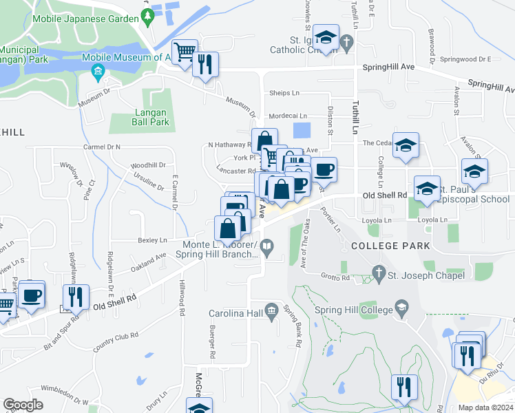 map of restaurants, bars, coffee shops, grocery stores, and more near 157 North McGregor Avenue in Mobile