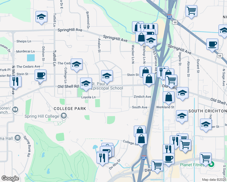 map of restaurants, bars, coffee shops, grocery stores, and more near 212 Nack Lane in Mobile