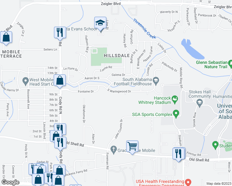 map of restaurants, bars, coffee shops, grocery stores, and more near 6011 South Waringwood Drive in Mobile