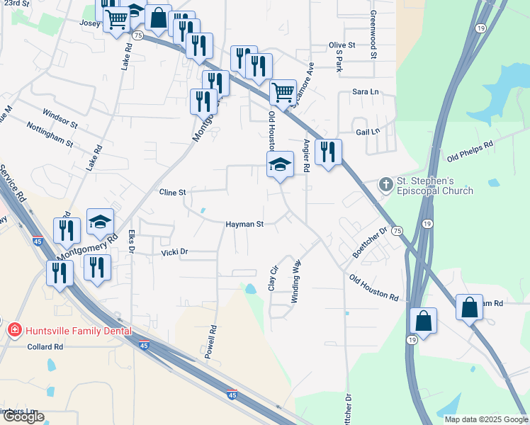 map of restaurants, bars, coffee shops, grocery stores, and more near 608 Hayman Street in Huntsville