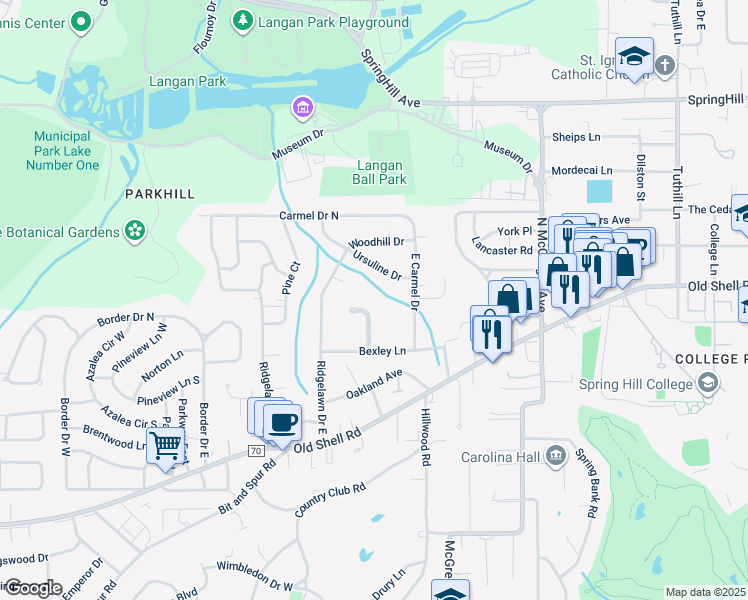 map of restaurants, bars, coffee shops, grocery stores, and more near 359 Charleston Ct in Mobile