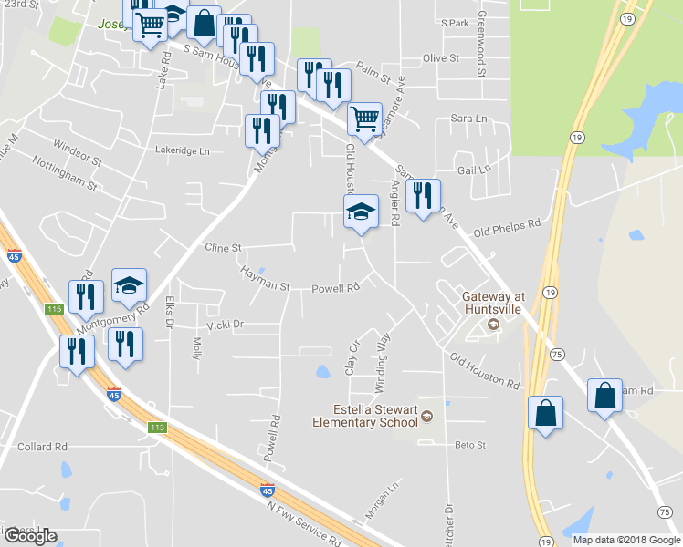 map of restaurants, bars, coffee shops, grocery stores, and more near 608 Hayman Street in Huntsville