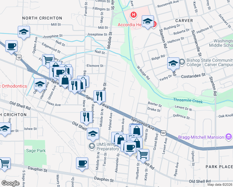 map of restaurants, bars, coffee shops, grocery stores, and more near 263 Del Barco Drive in Mobile