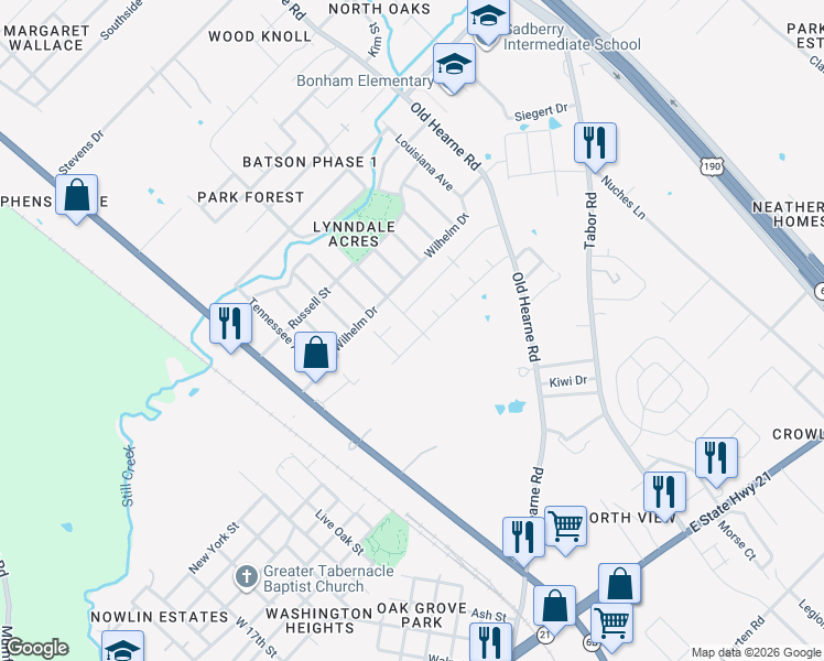 map of restaurants, bars, coffee shops, grocery stores, and more near 2805 Porter's Way in Bryan