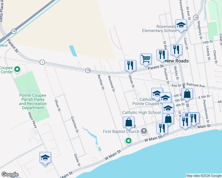 map of restaurants, bars, coffee shops, grocery stores, and more near 908 Berthier Street in New Roads
