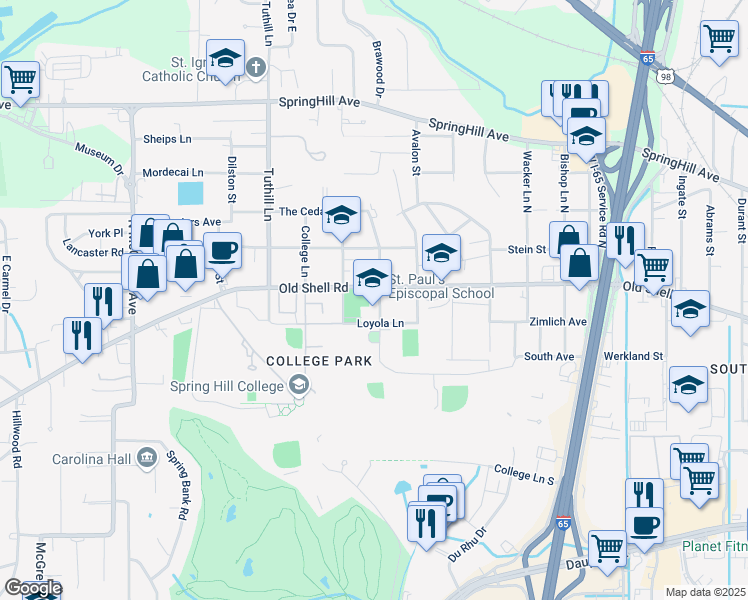map of restaurants, bars, coffee shops, grocery stores, and more near 133 Dogwood Lane in Mobile