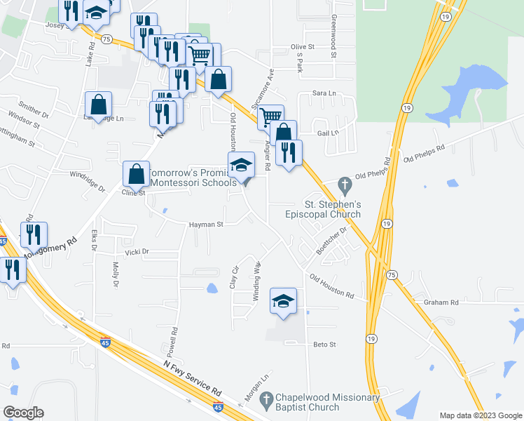 map of restaurants, bars, coffee shops, grocery stores, and more near 2930 Old Houston Road in Huntsville