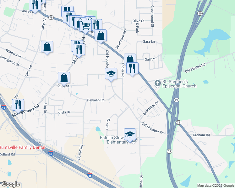 map of restaurants, bars, coffee shops, grocery stores, and more near 2930 Old Houston Road in Huntsville