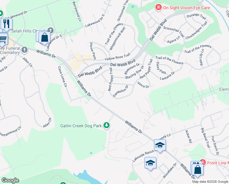 map of restaurants, bars, coffee shops, grocery stores, and more near 101 Dandelion Drive in Georgetown