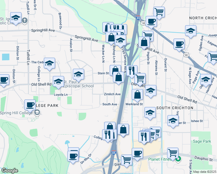 map of restaurants, bars, coffee shops, grocery stores, and more near 3258 Zimlich Avenue in Mobile