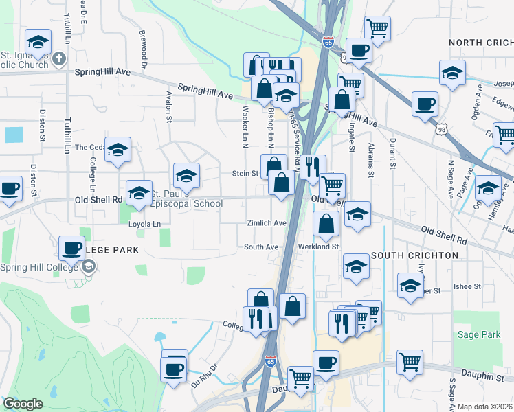 map of restaurants, bars, coffee shops, grocery stores, and more near 3258 Zimlich Avenue in Mobile