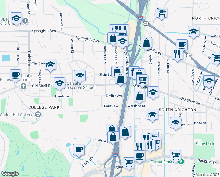 map of restaurants, bars, coffee shops, grocery stores, and more near 3258 Zimlich Avenue in Mobile