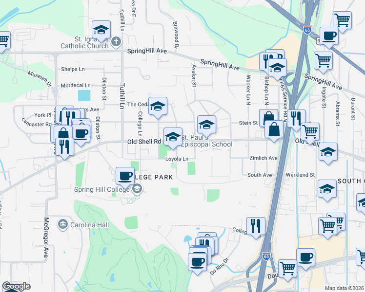 map of restaurants, bars, coffee shops, grocery stores, and more near 161 Dogwood Ln in Mobile