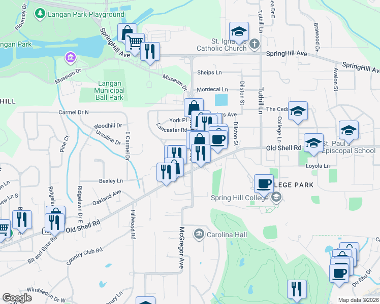map of restaurants, bars, coffee shops, grocery stores, and more near 161A North McGregor Avenue in Mobile