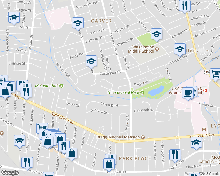 map of restaurants, bars, coffee shops, grocery stores, and more near 301 East Lourdes Circle in Mobile