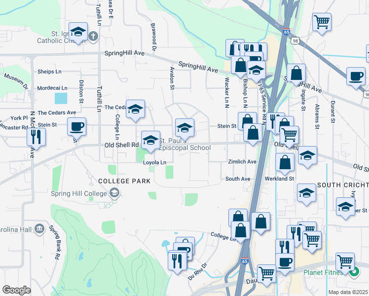 map of restaurants, bars, coffee shops, grocery stores, and more near 3811 Old Shell Road in Mobile