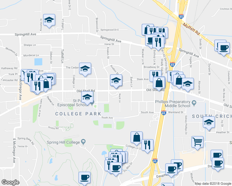 map of restaurants, bars, coffee shops, grocery stores, and more near 3811 Old Shell Road in Mobile
