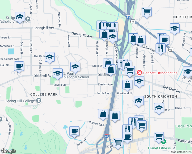 map of restaurants, bars, coffee shops, grocery stores, and more near 3703 Old Shell Road in Mobile