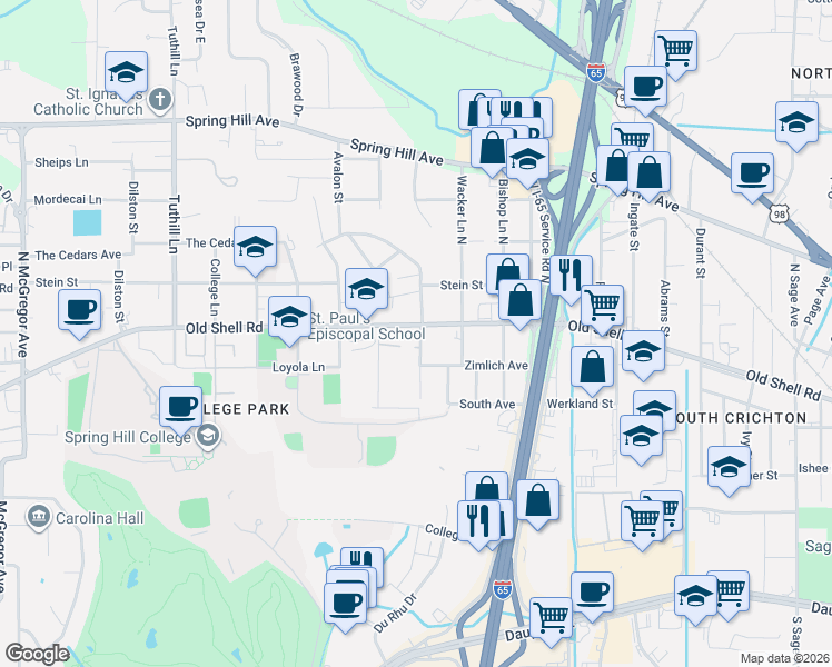 map of restaurants, bars, coffee shops, grocery stores, and more near 3754 Old Shell Road in Mobile