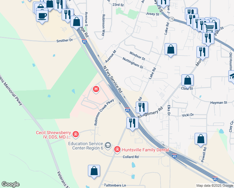 map of restaurants, bars, coffee shops, grocery stores, and more near Interstate 45 in Huntsville