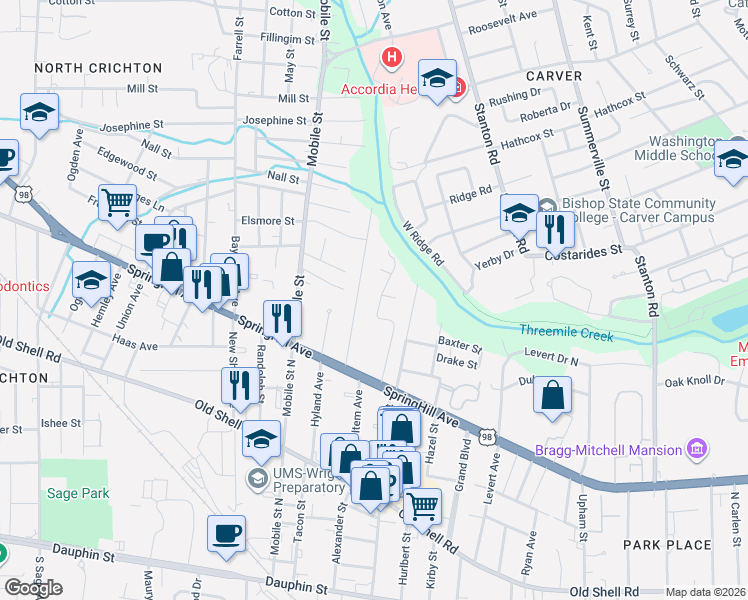 map of restaurants, bars, coffee shops, grocery stores, and more near 300 Wingfield Drive in Mobile