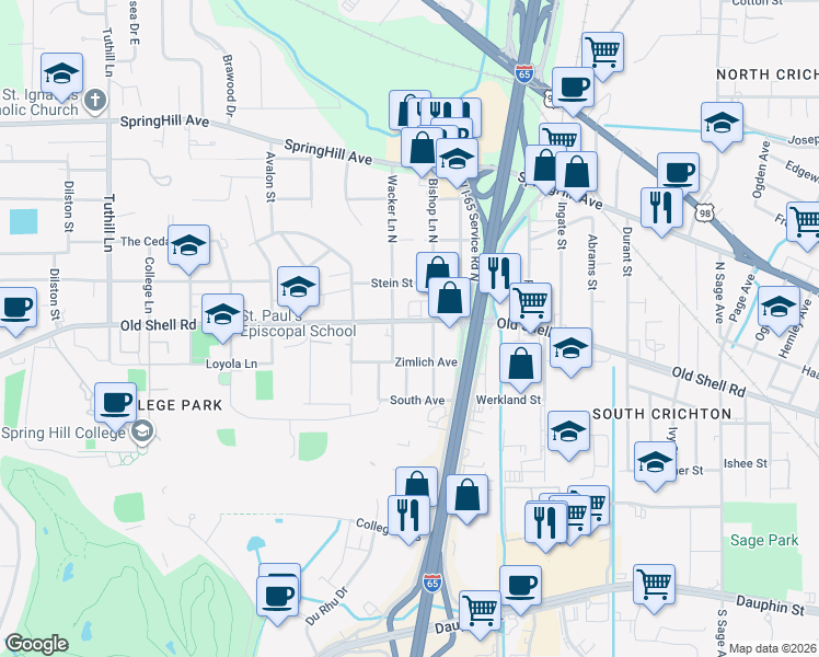 map of restaurants, bars, coffee shops, grocery stores, and more near 3650 Old Shell Road in Mobile