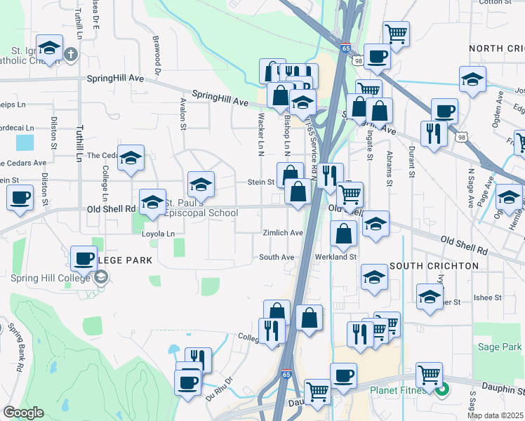 map of restaurants, bars, coffee shops, grocery stores, and more near 3704 Old Shell Road in Mobile