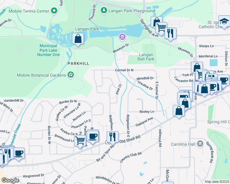 map of restaurants, bars, coffee shops, grocery stores, and more near 454 Pine Court in Mobile