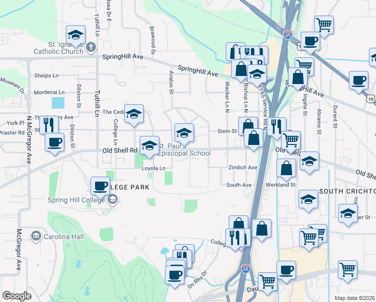 map of restaurants, bars, coffee shops, grocery stores, and more near 3756-3774 Old Shell Road in Mobile