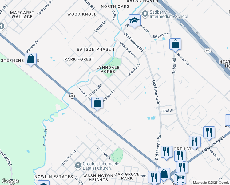 map of restaurants, bars, coffee shops, grocery stores, and more near 2301 Wilhelm Drive in Bryan