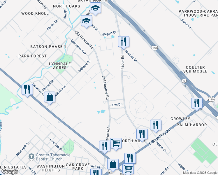 map of restaurants, bars, coffee shops, grocery stores, and more near 2409 Old Hearne Road in Bryan