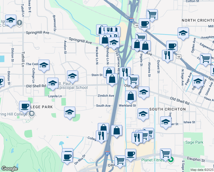 map of restaurants, bars, coffee shops, grocery stores, and more near 3655 Old Shell Road in Mobile