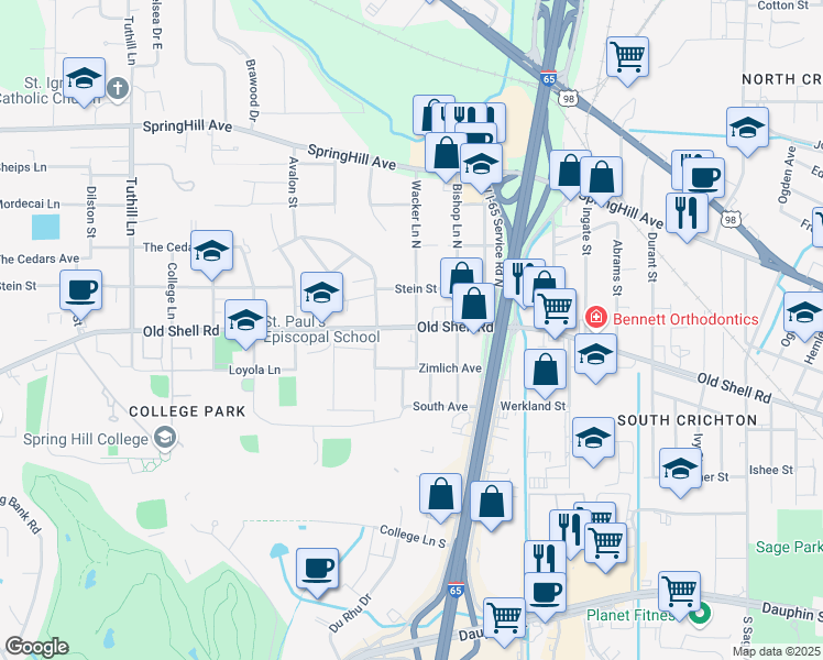 map of restaurants, bars, coffee shops, grocery stores, and more near 3703 Old Shell Road in Mobile