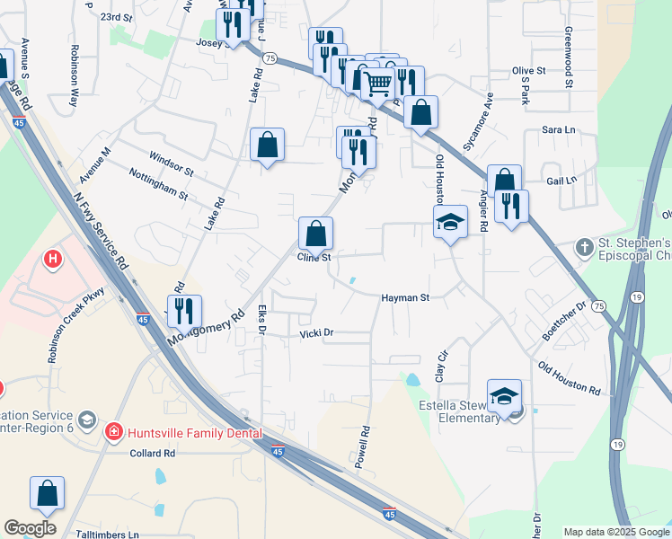map of restaurants, bars, coffee shops, grocery stores, and more near 753 Cline Street in Huntsville