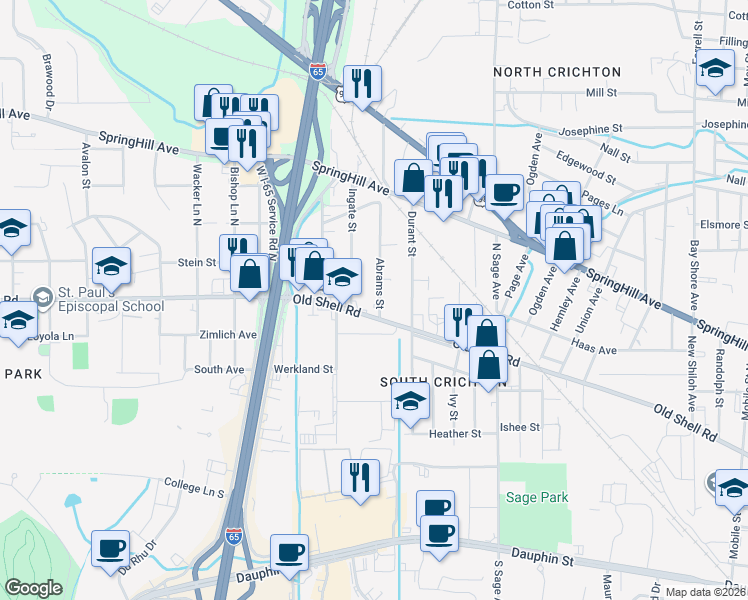 map of restaurants, bars, coffee shops, grocery stores, and more near 108 Ingate Street in Mobile