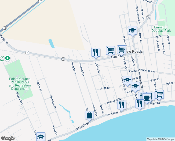 map of restaurants, bars, coffee shops, grocery stores, and more near 1005 Janis Street in New Roads