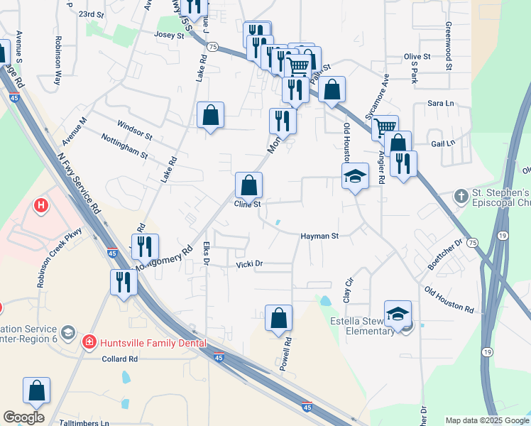map of restaurants, bars, coffee shops, grocery stores, and more near 753 Cline Street in Huntsville