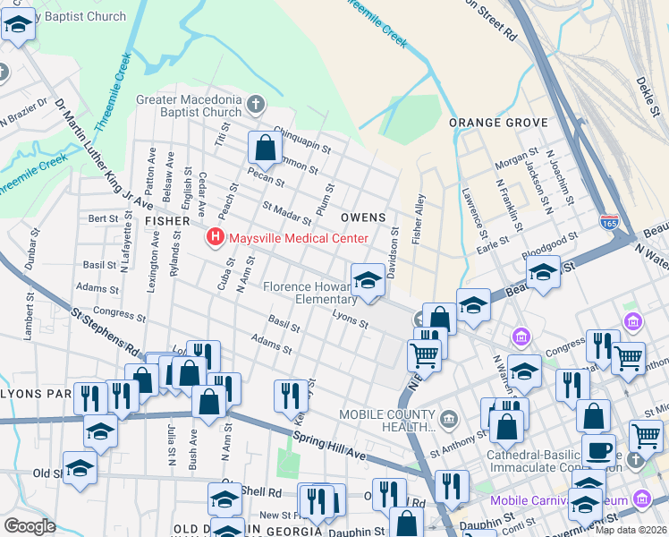 map of restaurants, bars, coffee shops, grocery stores, and more near 1153 Hercules Street in Mobile